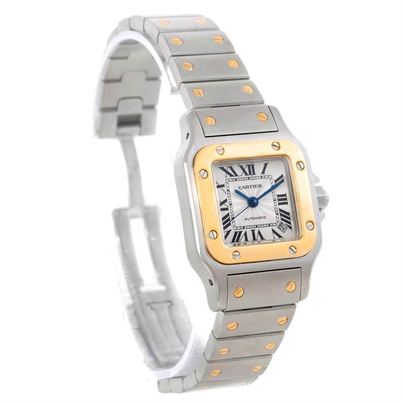 The image shows a Cartier Santos W20057C4 Women
s Stainless Steel Silver Dial W20057C4 Women
s Stainless Steel Silver Dial watch at a slight angle, highlighting the face, bezel, and metal strap.