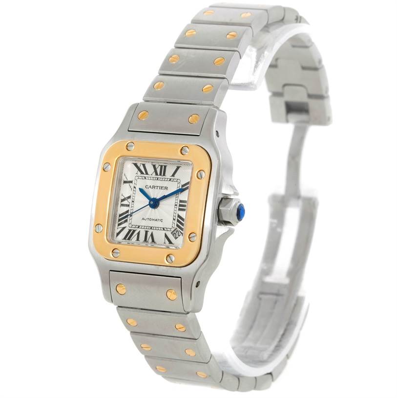 This image shows a Cartier Santos W20057C4 Women
s Stainless Steel Silver Dial W20057C4 Women
s Stainless Steel Silver Dial watch at an angled front view displaying the face, bezel, crown, and metal bracelet.