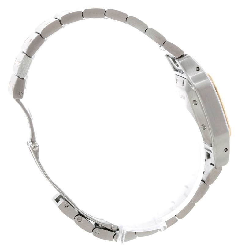 The image shows a side view of a Santos model watch by Cartier, highlighting the bracelet and case.