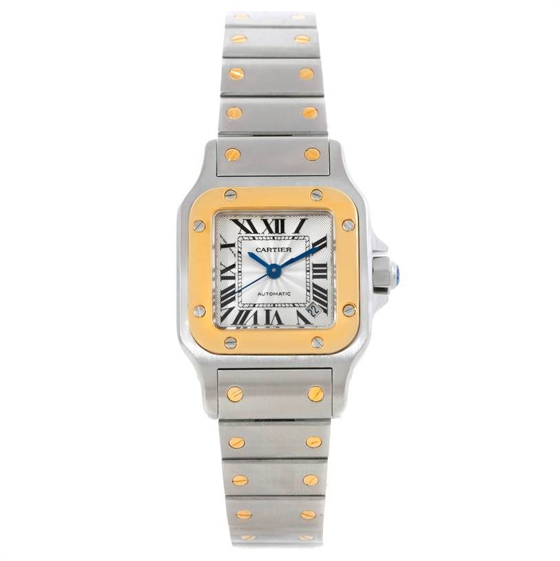 This image shows a front view of a Cartier Santos W20057C4 Women
s Stainless Steel Silver Dial W20057C4 Women
s Stainless Steel Silver Dial model watch, highlighting its face, bezel, and bracelet.