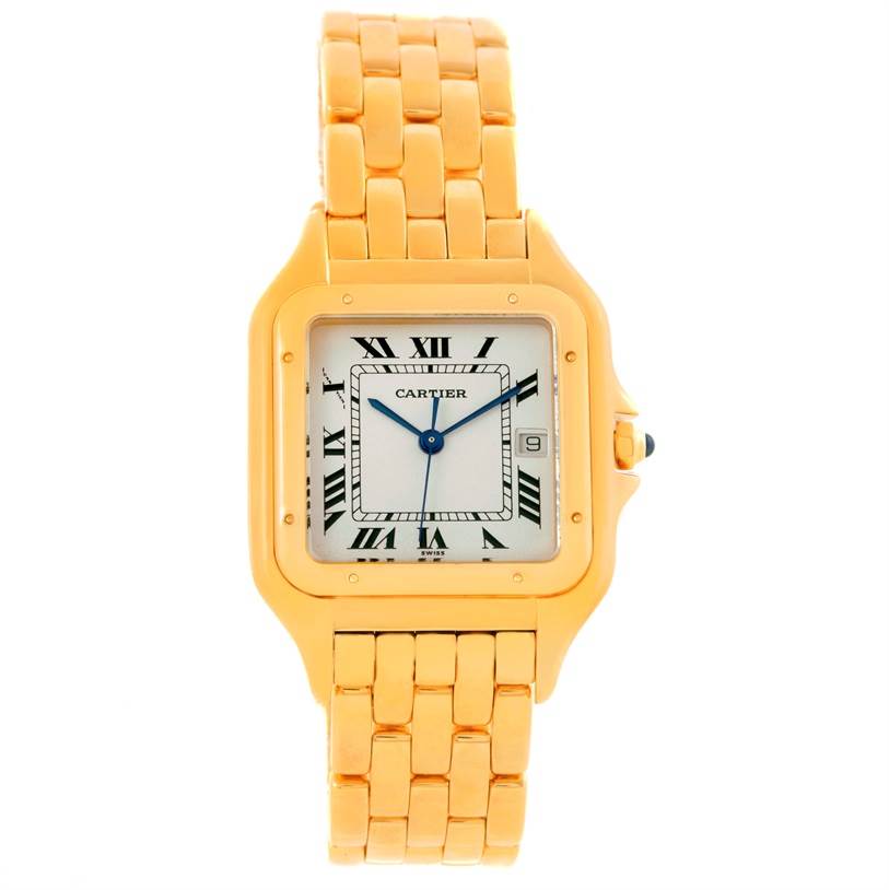 The image shows a front view of the Cartier Panthere W25014B9 Yellow Gold Silver Dial W25014B9 Yellow Gold Silver Dial model watch, highlighting its gold band and Roman numeral dial.