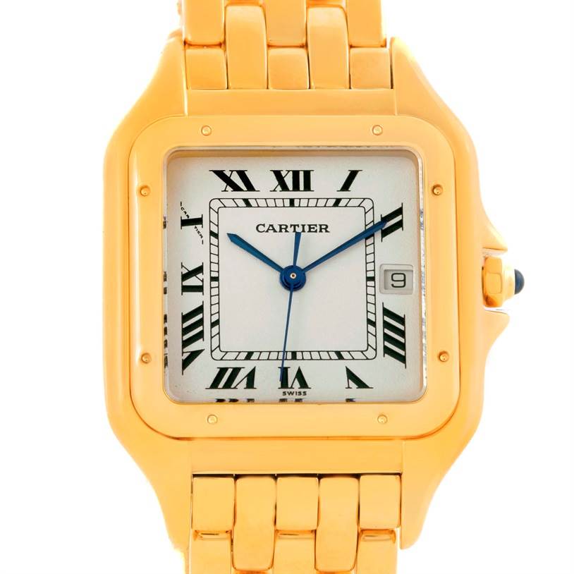 The Cartier Panthere W25014B9 Yellow Gold Silver Dial W25014B9 Yellow Gold Silver Dial watch is shown from the front angle, displaying the face, bezel, and part of the bracelet.