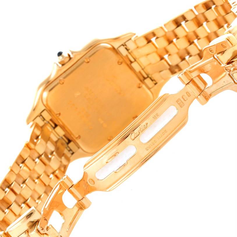 This image shows the back and clasp of the gold band of a Cartier Panthere W25014B9 Yellow Gold Silver Dial W25014B9 Yellow Gold Silver Dial watch.