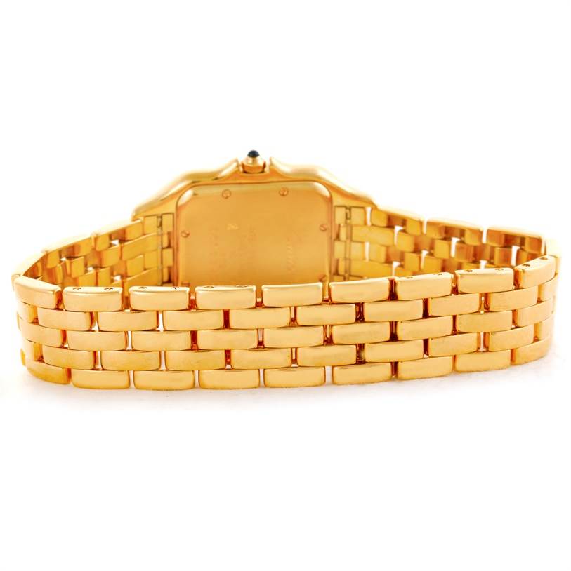 This image shows the back and bracelet of a Cartier Panthere W25014B9 Yellow Gold Silver Dial W25014B9 Yellow Gold Silver Dial watch from a straight-on rear angle.