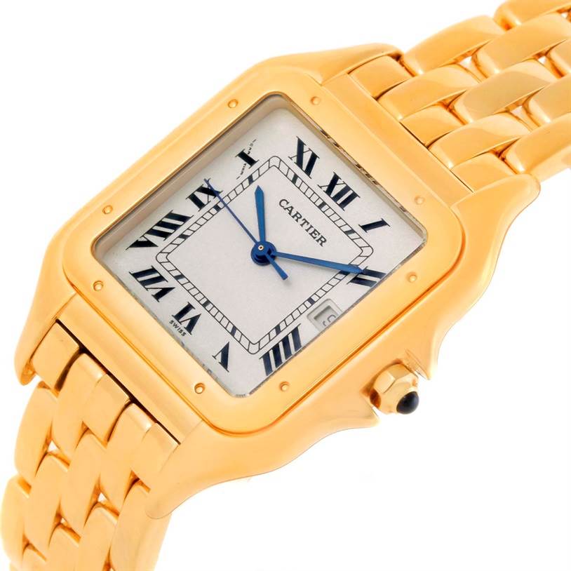 The Cartier Panthere W25014B9 Yellow Gold Silver Dial W25014B9 Yellow Gold Silver Dial watch is shown at an angled close-up view, highlighting the dial and part of the gold bracelet.