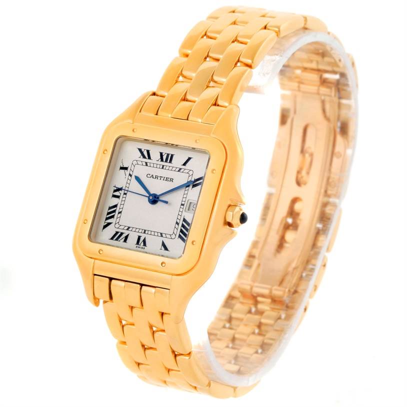 The image shows the front and side view of a Cartier Panthere W25014B9 Yellow Gold Silver Dial W25014B9 Yellow Gold Silver Dial watch, highlighting its gold strap and Roman numeral dial.