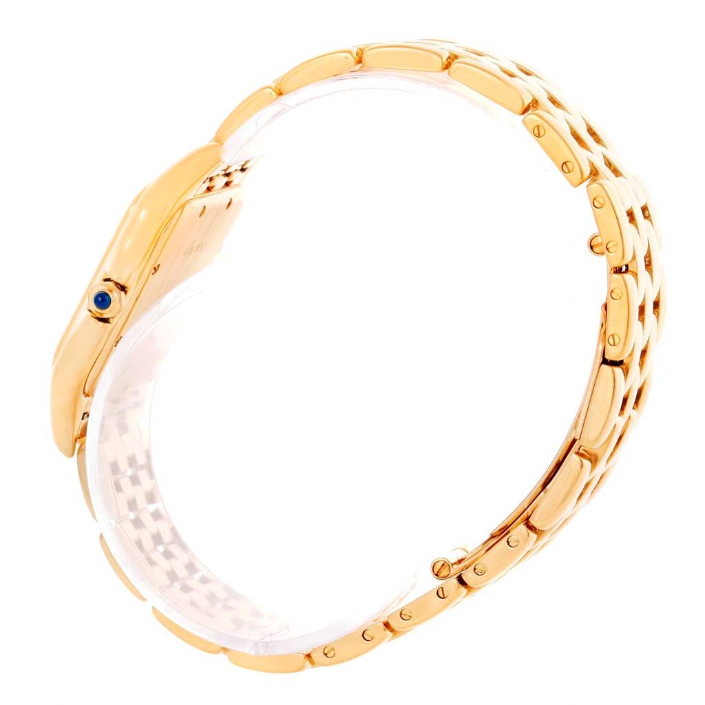 This side view of the Cartier Panthere W25014B9 Men's Yellow Gold Silver Dial W25014B9 Men's Yellow Gold Silver Dial watch showcases the gold bracelet and crown.