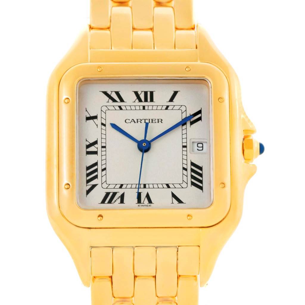 The image shows a frontal view of the Cartier Panthere W25014B9 Men's Yellow Gold Silver Dial W25014B9 Men's Yellow Gold Silver Dial watch, showcasing its square dial, Roman numerals, and gold bracelet.