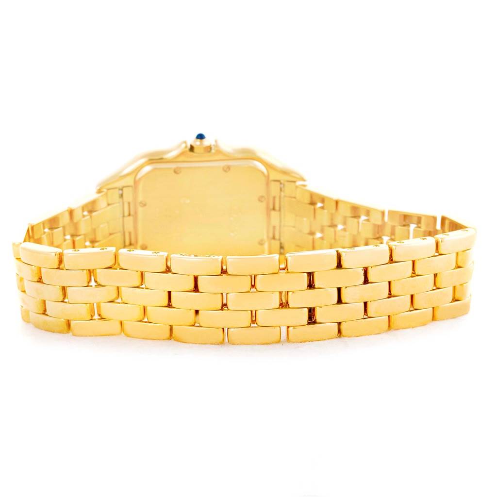 The image shows the back and bracelet of the Panthere model by Cartier from a rear angle.