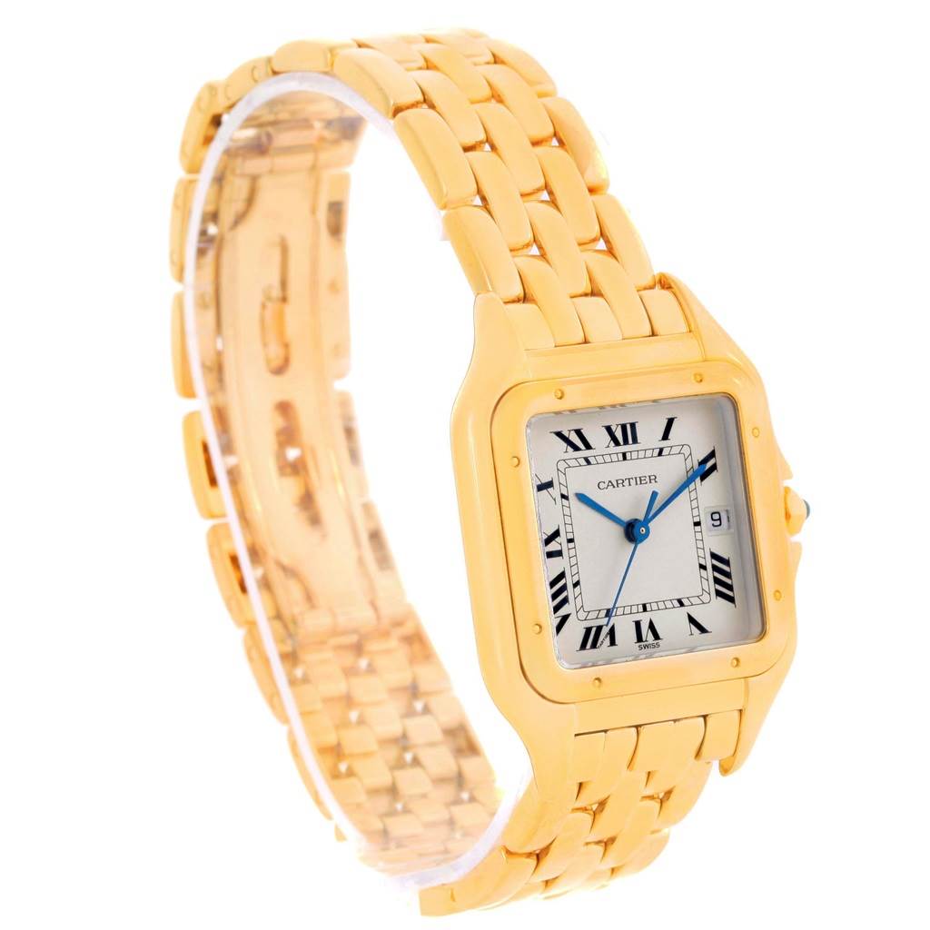 The image shows a Cartier Panthere W25014B9 Men's Yellow Gold Silver Dial W25014B9 Men's Yellow Gold Silver Dial watch at a slight angle, highlighting its gold bracelet, square dial, and blue hands.