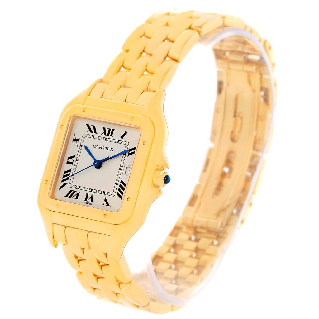 The image shows a Cartier Panthere W25014B9 Men's Yellow Gold Silver Dial W25014B9 Men's Yellow Gold Silver Dial watch at an angled side view, displaying the band, face, bezel, and crown.