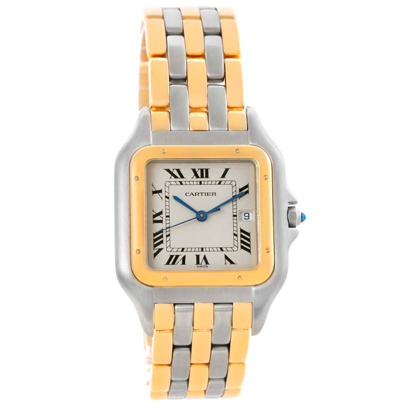 The image shows a frontal view of the Cartier Panthere Men
s Steel and Gold (two tone) Silver Dial Men
s Steel and Gold (two tone) Silver Dial watch, highlighting its dual-tone bracelet and square dial.