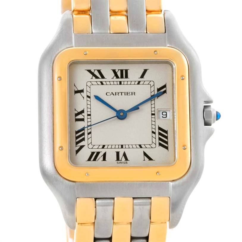 The image shows a front view of a Cartier Panthère watch, highlighting its dial, bezel, bracelet, and crown.