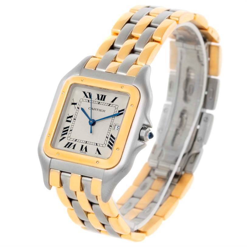 The image shows a Cartier Panthère watch at a three-quarter angle, displaying the face, crown, and two-tone metal bracelet.