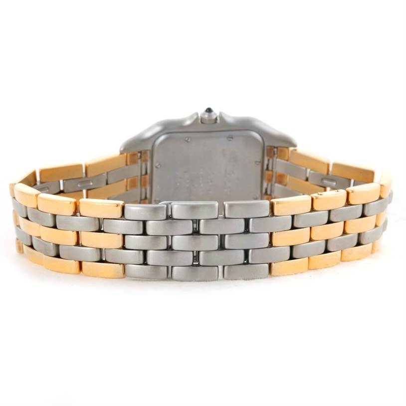 The image shows the back view of the Cartier Panthere Men
s Steel and Gold (two tone) Silver Dial Men
s Steel and Gold (two tone) Silver Dial watch, focusing on its two-tone metal bracelet and case back.