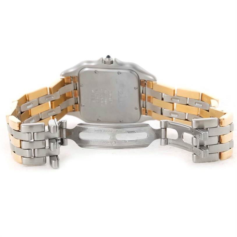 The image shows the back and clasp of a Cartier Panthere Men
s Steel and Gold (two tone) Silver Dial Men
s Steel and Gold (two tone) Silver Dial watch, displaying its two-tone bracelet and case back.