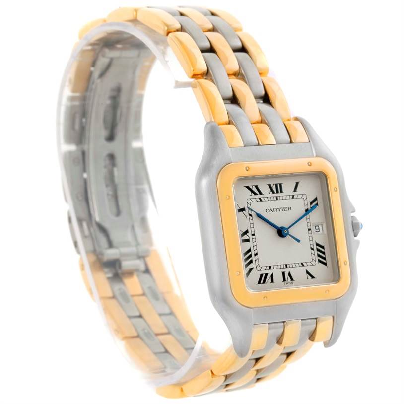 This image shows a Cartier Panthere Men
s Steel and Gold (two tone) Silver Dial Men
s Steel and Gold (two tone) Silver Dial model watch at a three-quarter angle, highlighting the face, band, and clasp.