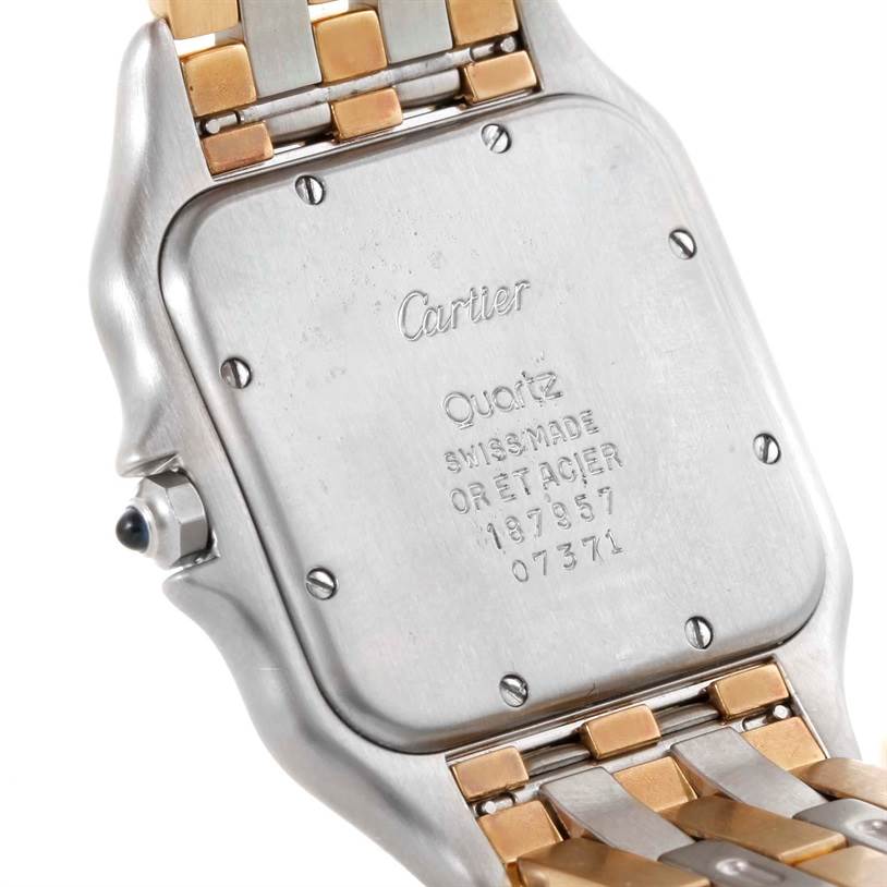 The image shows the back case and part of the bracelet of the Panthère de Cartier watch.