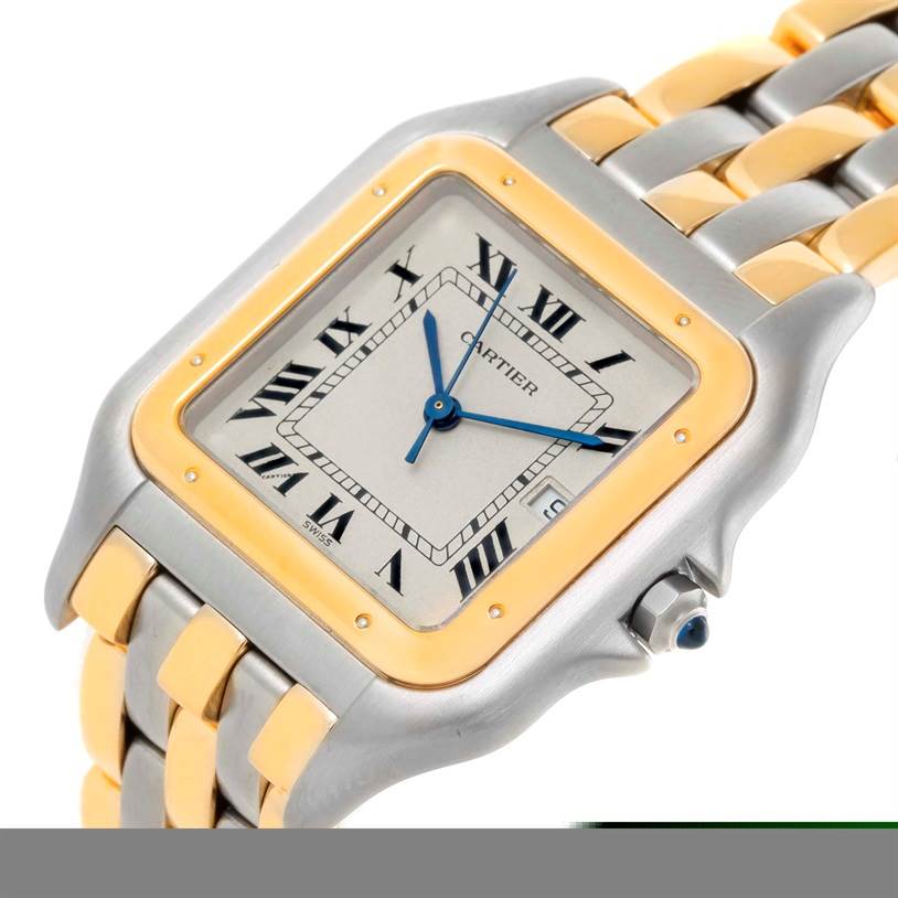 The image shows a close-up angle of the face and part of the bracelet of a Cartier Panthere Men
s Steel and Gold (two tone) Silver Dial Men
s Steel and Gold (two tone) Silver Dial watch.