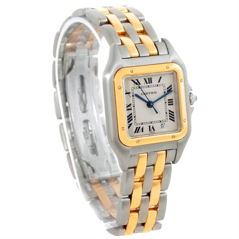 The image shows a Panthère de Cartier watch, displaying its two-tone band, square face, Roman numerals, and blue hands from an angled side view.