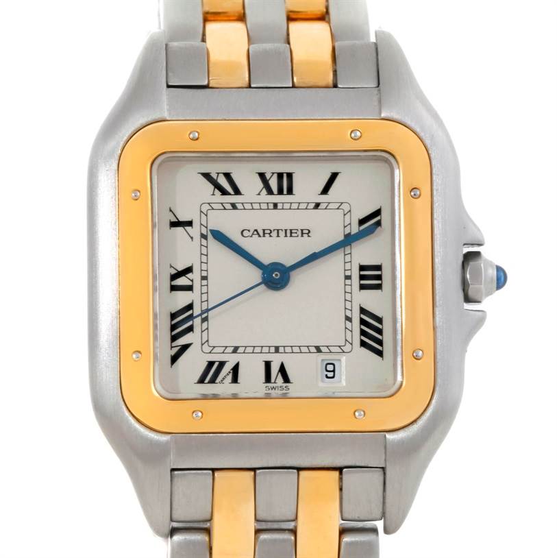 This image shows a close-up of the Cartier Panthère watch face, bezel, and part of the band.