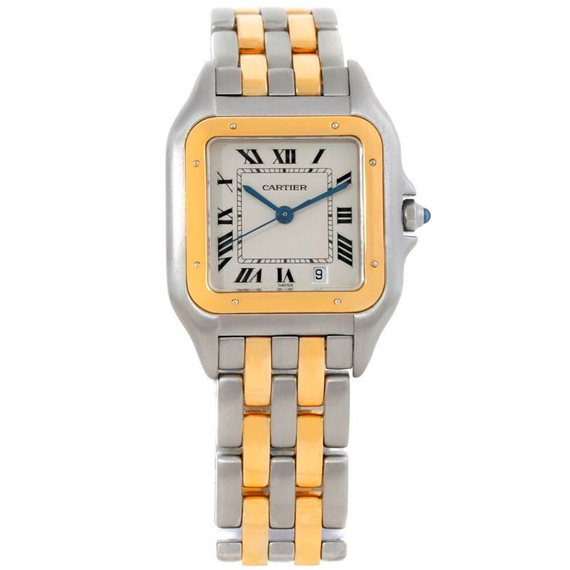 The image shows a front view of the Cartier Panthere W25028B6 Steel and Gold (two tone) Silver Dial W25028B6 Steel and Gold (two tone) Silver Dial watch displaying the face and bracelet.