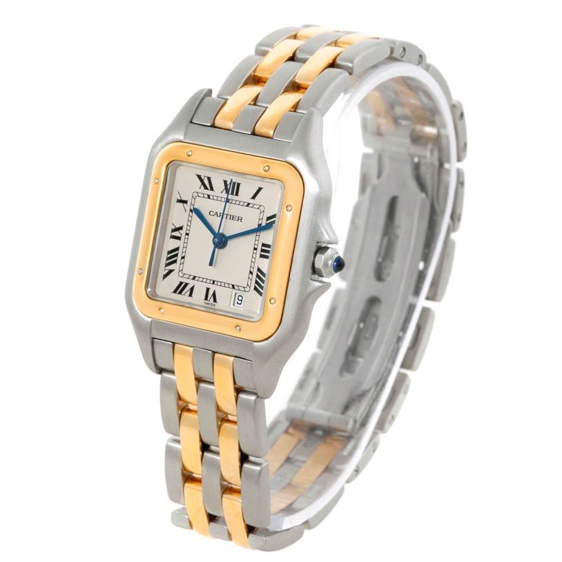 This is a Cartier Panthere W25028B6 Steel and Gold (two tone) Silver Dial W25028B6 Steel and Gold (two tone) Silver Dial model watch shown at an angle highlighting its face, case, and two-tone metal bracelet.