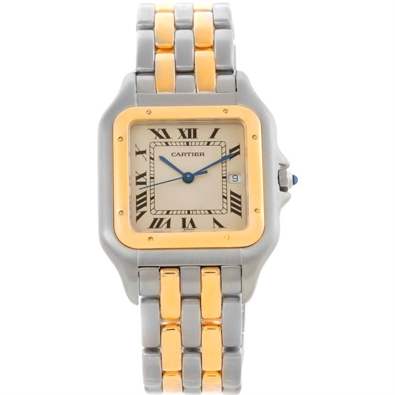 The image shows a full frontal view of a Cartier Panthere Men's Steel and Gold (two tone) Beige Dial Men's Steel and Gold (two tone) Beige Dial watch, highlighting the face, bezel, and two-tone metal bracelet.