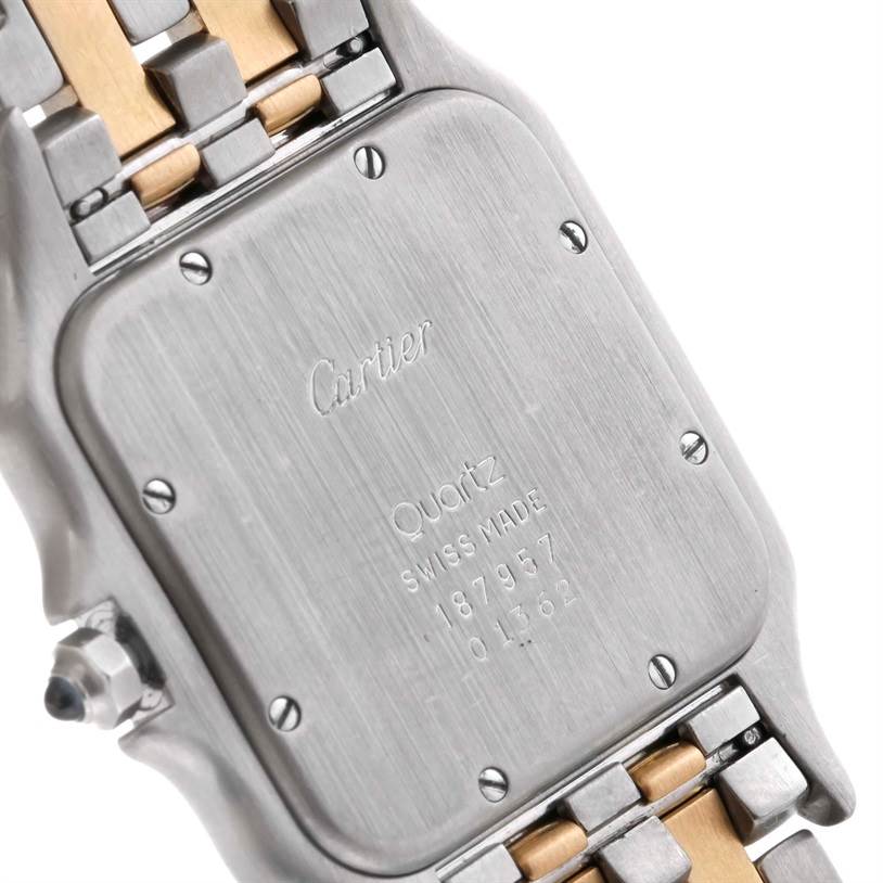 The image shows the back of a Cartier Panthere Men's Steel and Gold (two tone) Beige Dial Men's Steel and Gold (two tone) Beige Dial watch, including the case back and part of the metal bracelet.