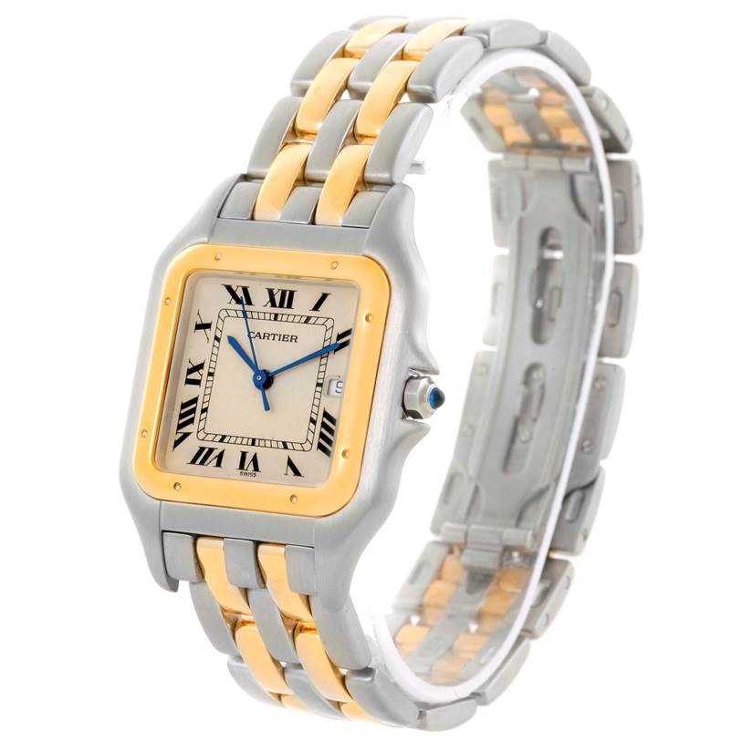 The image shows a Cartier Panthere Men's Steel and Gold (two tone) Beige Dial Men's Steel and Gold (two tone) Beige Dial watch angled from the front left, displaying the face, case, and part of the bracelet.