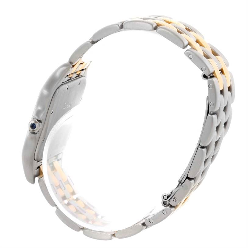 This image shows the side view and bracelet of a Cartier Panthere Men's Steel and Gold (two tone) Beige Dial Men's Steel and Gold (two tone) Beige Dial watch, highlighting its two-tone metal links.