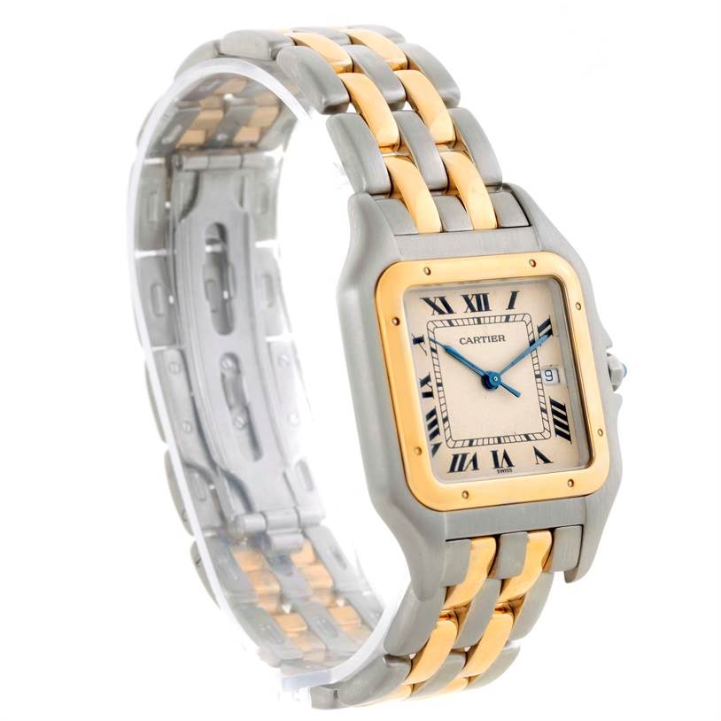 The image shows a Cartier Panthere Men's Steel and Gold (two tone) Beige Dial Men's Steel and Gold (two tone) Beige Dial model watch from an angled perspective, highlighting its two-tone bracelet and square face.