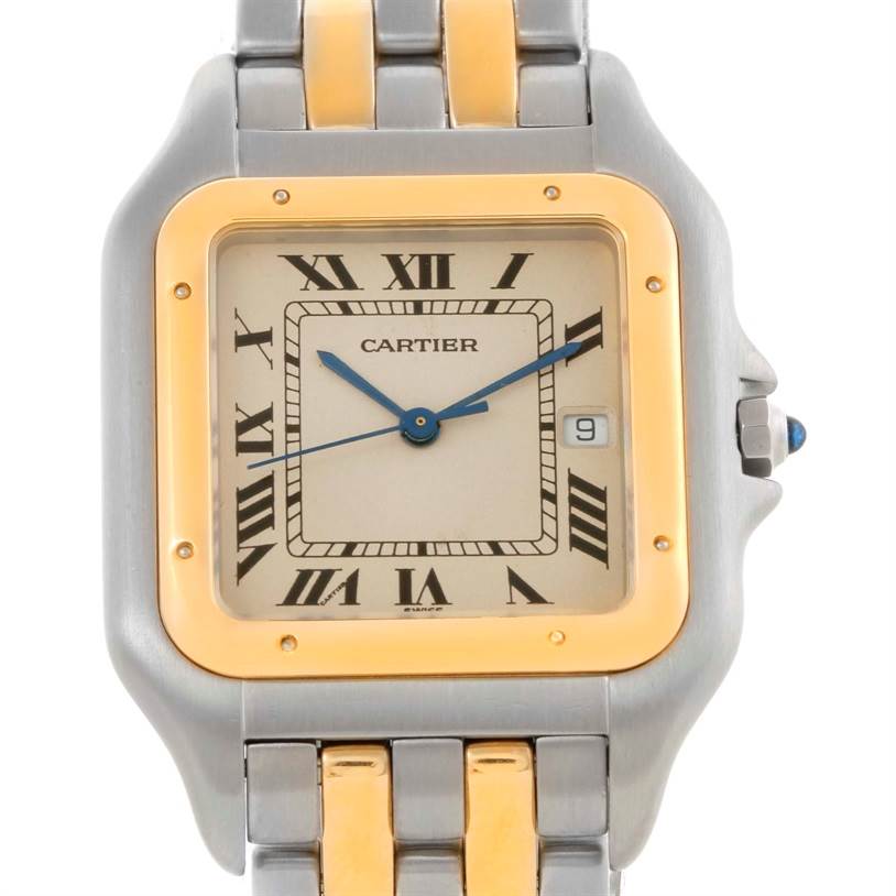 The image shows a front view of a Cartier Panthere Men's Steel and Gold (two tone) Beige Dial Men's Steel and Gold (two tone) Beige Dial watch, highlighting its two-tone bracelet, Roman numeral dial, and sapphire crown.
