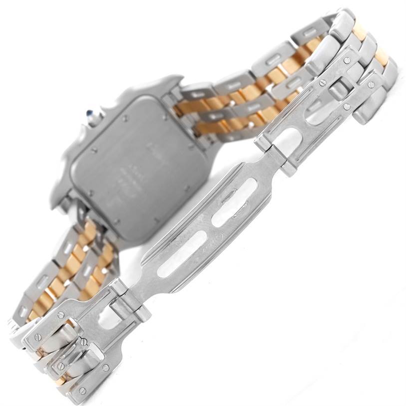 The image shows the back of a Cartier Panthere Men's Steel and Gold (two tone) Beige Dial Men's Steel and Gold (two tone) Beige Dial watch, highlighting the clasp and part of the bracelet.