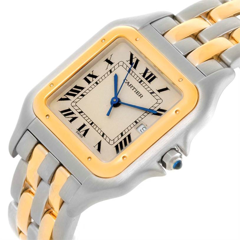 This image shows the Panthere model by Cartier at a slight angle, highlighting the dial, bezel, and part of the bracelet.