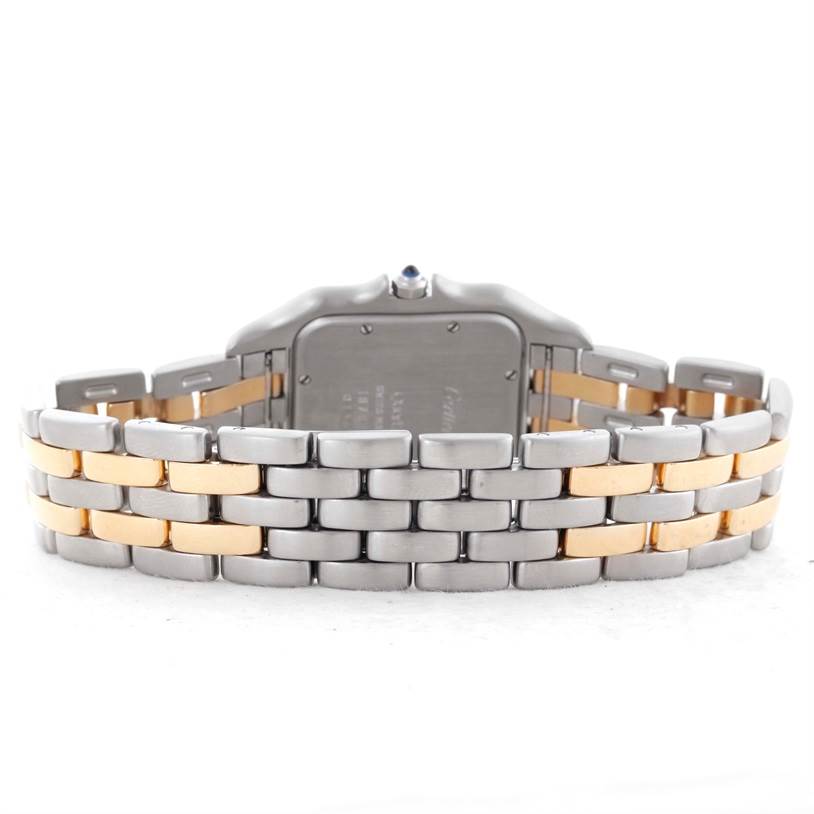 The image shows the back view of a Cartier Panthere Men's Steel and Gold (two tone) Beige Dial Men's Steel and Gold (two tone) Beige Dial watch highlighting its two-tone metal bracelet.