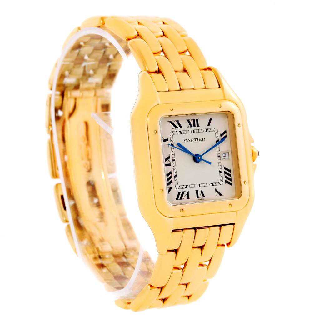 The Cartier Panthere W25014B9 Men's Yellow Gold Silver Dial W25014B9 Men's Yellow Gold Silver Dial watch is shown at an angle highlighting its gold bracelet, square case, and Roman numeral dial.
