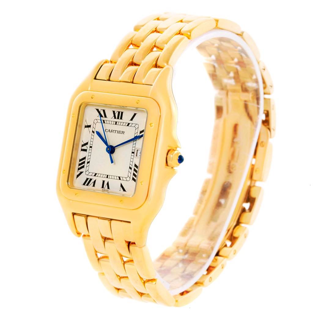 The image shows a gold Cartier Panthere W25014B9 Men's Yellow Gold Silver Dial W25014B9 Men's Yellow Gold Silver Dial watch at a front angle, highlighting its rectangular face, Roman numerals, and bracelet.
