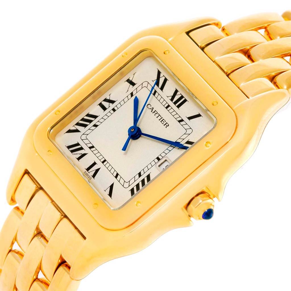 This image shows a close-up angled view of the Cartier Panthere W25014B9 Men's Yellow Gold Silver Dial W25014B9 Men's Yellow Gold Silver Dial watch, highlighting the face, bezel, and part of the band.