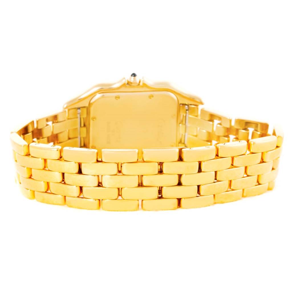 This image shows the Cartier Panthere W25014B9 Men's Yellow Gold Silver Dial W25014B9 Men's Yellow Gold Silver Dial model watch from the back, highlighting its gold bracelet and case back.