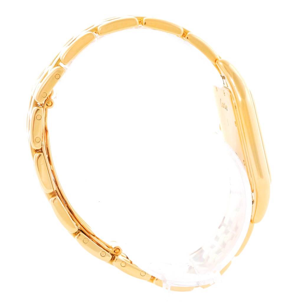 The image shows a side profile of the Cartier Panthere W25014B9 Men's Yellow Gold Silver Dial W25014B9 Men's Yellow Gold Silver Dial model watch, highlighting its gold bracelet and clasp.