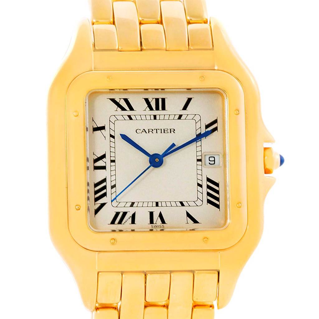 The image shows a close-up front view of a Cartier Panthere W25014B9 Men's Yellow Gold Silver Dial W25014B9 Men's Yellow Gold Silver Dial watch, highlighting its gold casing, Roman numeral dial, and blue hands.