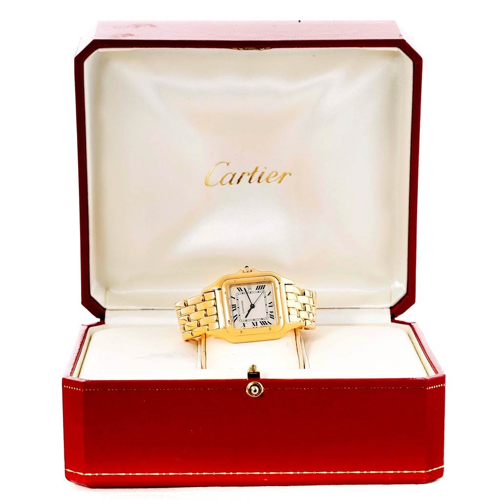 The Cartier Panthere W25014B9 Men's Yellow Gold Silver Dial W25014B9 Men's Yellow Gold Silver Dial watch is shown from the front, resting in an open red case.