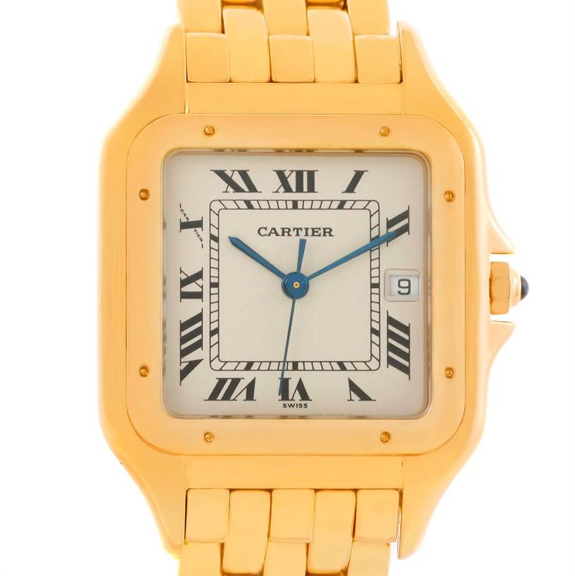 The image shows a close-up of a Cartier Panthere W25014B9 Yellow Gold Silver Dial W25014B9 Yellow Gold Silver Dial watch focusing on its face, bezel, and part of the bracelet in gold.