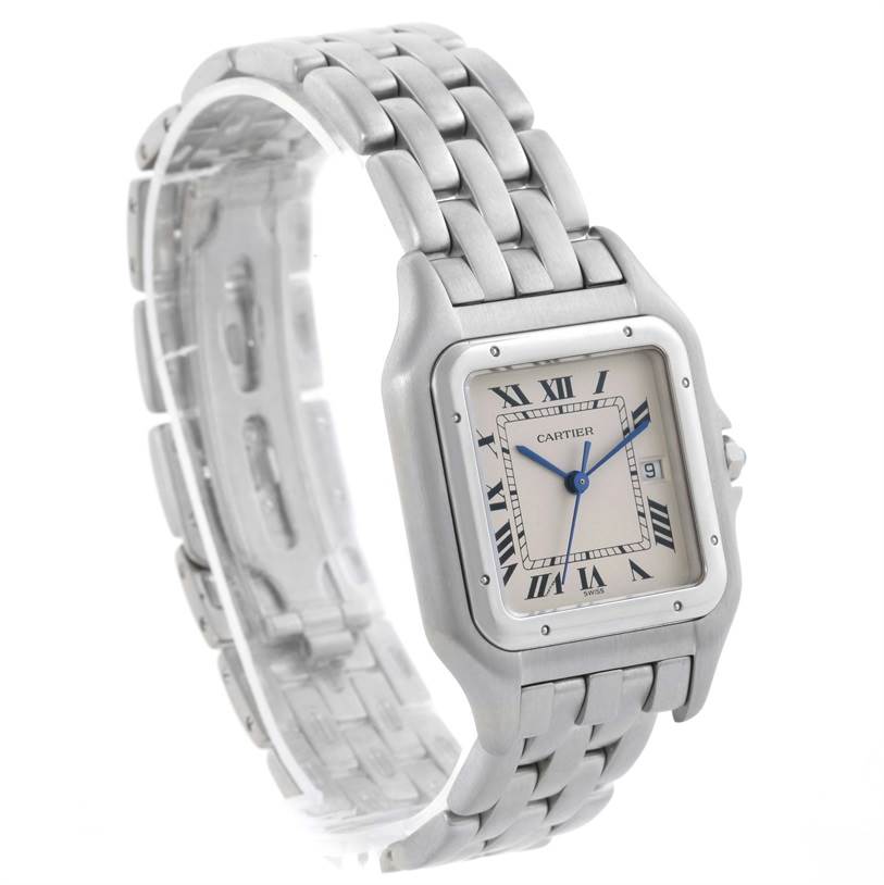 This image shows a Panthere de Cartier watch at a three-quarter angle, highlighting its square face and linked bracelet.
