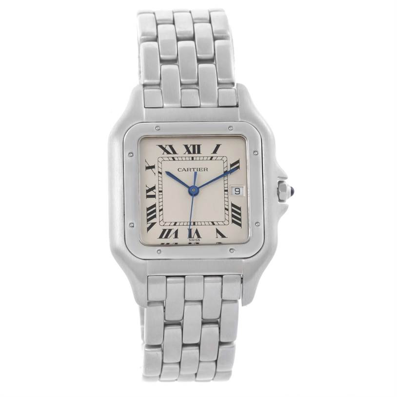 The image shows a front view of the Cartier Panthère watch, displaying the dial, case, and bracelet.