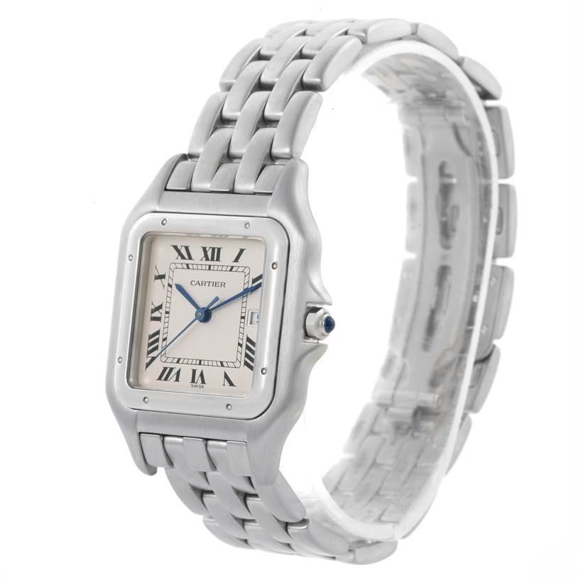 This image shows a Cartier Panthere W25032P5 Men
s Stainless Steel Silver Dial W25032P5 Men
s Stainless Steel Silver Dial watch with a frontal angle, highlighting the face, bezel, and metal bracelet.