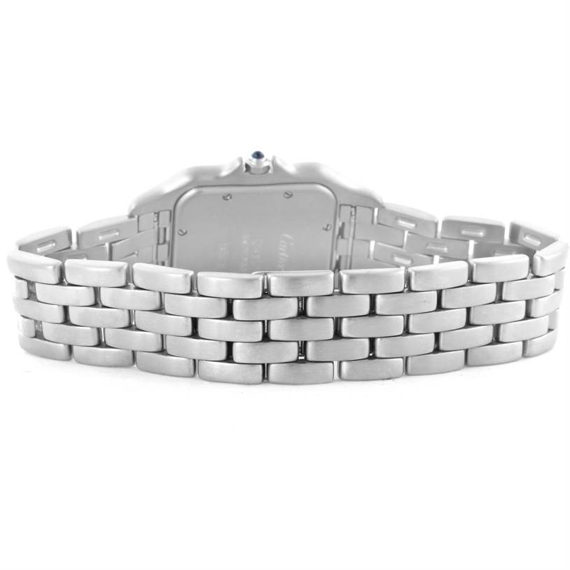 The image shows the rear view of a Cartier Panthere W25032P5 Men
s Stainless Steel Silver Dial W25032P5 Men
s Stainless Steel Silver Dial model watch, emphasizing its bracelet and case back.