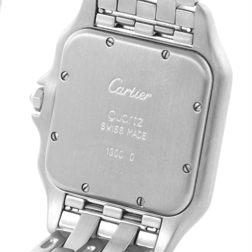 This image shows the back case and part of the bracelet of a Cartier Panthere W25032P5 Men
s Stainless Steel Silver Dial W25032P5 Men
s Stainless Steel Silver Dial watch.