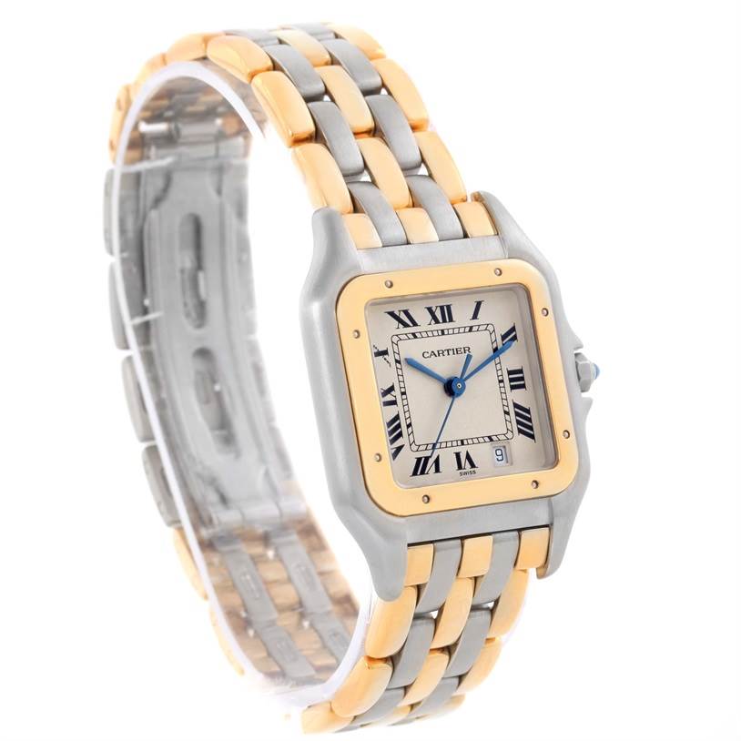 The image shows a Cartier Panthere W25028B8 Men's Steel and Gold (two tone) Beige Dial W25028B8 Men's Steel and Gold (two tone) Beige Dial watch at a slight angle, highlighting the square face and two-tone metal bracelet.
